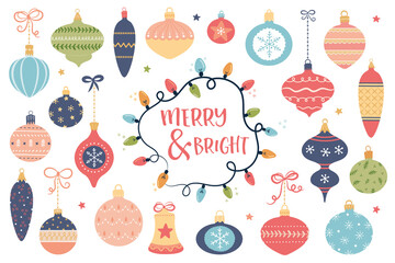 Vector set of Christmas ornaments hanging on ribbons. Vintage  decorative baubles isolated on white. Pretty hand drawn designs for Christmas and New Year, cards, invitations, giftware.