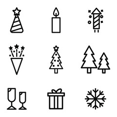 Set, collection of Happy New Year related icons, icon, Merry Christmas, holidays, celebration, End Year holidays, outline icons on white background EPS Vector