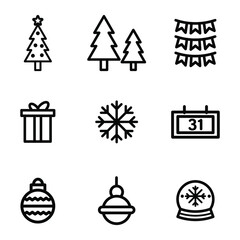 Set, collection of Happy New Year related icons, icon, Merry Christmas, holidays, celebration, End Year holidays, outline icons on white background EPS Vector