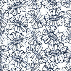 Vector seamless black and white pattern of ornamental abstract lined flowers ornament