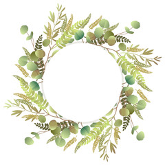 Round frame of leaves. Botanical pattern on a white background for invitations, congratulations, cards, covers, posters, scrapbooking. Vector illustration
