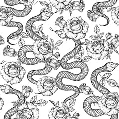 Snake and roses seamless pattern. Sketch style. Vector illustration. Hand drawn illustration for t-shirt print, fabric and other uses.
