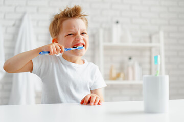 Little boy brushing his teeth in bathroom