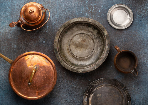 Set Of Old Vintage Copper And Nickel Silver Empty Tableware