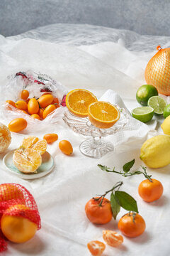Various citrus fruit - lemon, lime, kumquat, pomelo, mandarine and orange