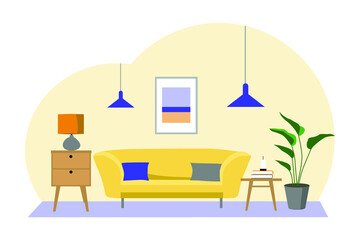 Living room with comfortable sofa. Scandinavian style. Flat cartoon style vector illustration.
