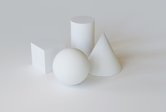3d illustration of white basic geometric shapes, cube, cone and cylinder isolated on white background
