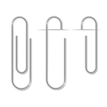 Clip set. Realistic paperclip attach. Office metal binder with shadow. Vector attach on transparent background