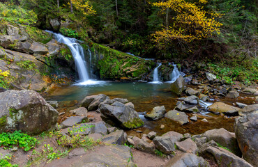 Carpathians. Skole. Waterfall on a mountain river.