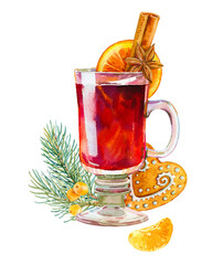 Glass of mulled wine with spices, cookie, fir tree branch isolated on white background. Mulled wine set with glass of drink and hand drawn ingredients.