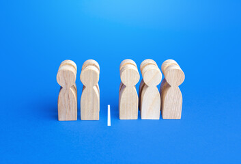 Four out of ten people separated by a line. Visualization of statistical data. 40% of 100%. Less...