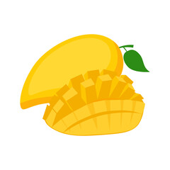 Mango, whole fruit and half, on white background, vector illustration