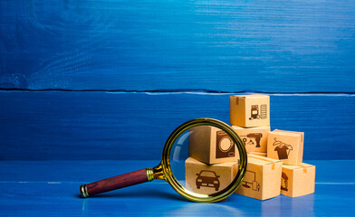 Cardboard boxes and magnifying glass. Monitoring and verification of goods, import certification....