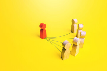 Red man connected by lines with people. Personnel management. subordination. Leadership skills....