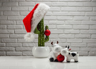 artificial cactus with a Santa Claus hat Christmas toys and figures of a bull and a cow symbol of the new year 2021