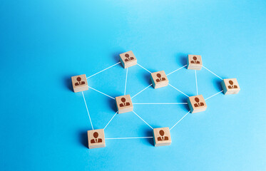 Network of connected staff blocks figurines by line. Unconventional company structure, distribution...