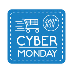 cyber monday lettering in square label with speed shopping cart vector illustration design