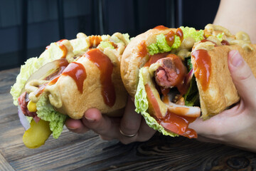 women's hands hold a delicious hot dog with a Bavarian sausage and the addition of fresh vegetables, ketchup and mustard.