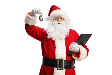 Happy Santa Claus holding a clipboard and car keys