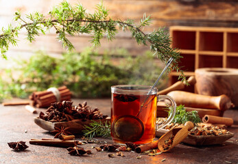 Christmas herbal tea with cinnamon, anise, and dried herbs.