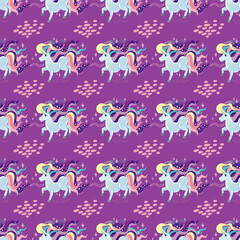 Unicorn pattern. Vector seamless pattern with white unicorns, rainbow and stars. Isolated on a purple background.