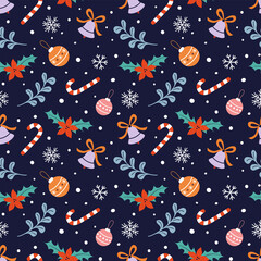 Naklejka premium Christmas pattern. Christmas toys, candy canes, snowflakes, bells, poinsettia. Design for wrapping paper.