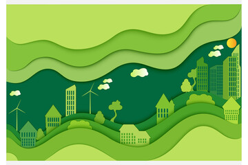 Paper Cut Background. Modern green city. Conservation of nature. City view