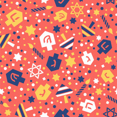 Fototapeta na wymiar Hanukkah seamless pattern with dreidels, candles, stars of David on coral red. Jewish holiday texture, background. Cute vector design for wallpapers, gift wrap paper, textile print, greeting cards.