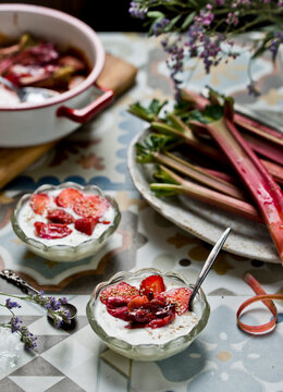 Yogurt with baked strawberries and rhubarb
