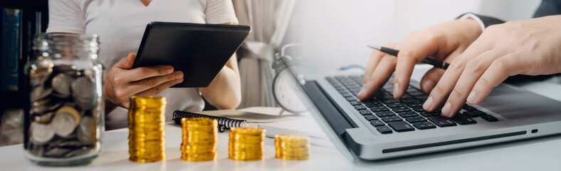 Digital marketing media in virtual screen.businesswoman hand working with mobile phone and modern compute with VR icon diagram at office in morning light