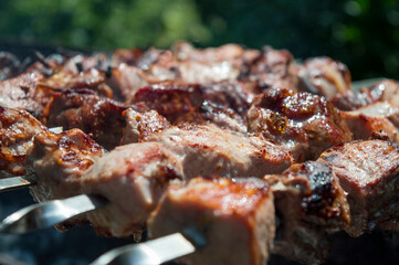 Fried shish kebab on a skewer close-up. Pork barbecue. Selective focus.