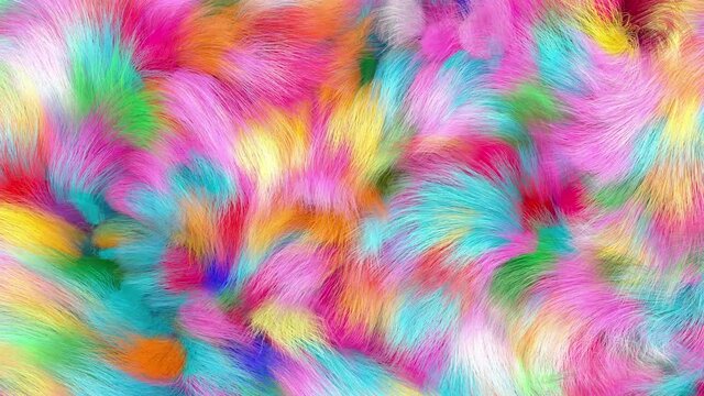 Colorful furry background, fluffy fur texture, slow motion, 3D animation.