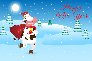 Happy new year. The bull is in a hurry with congratulations on skates with gifts. Vector.