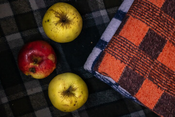 Stack of colorful plaid wool blankets on a dark plaid wool blanket. Three apples. Autumn-winter...