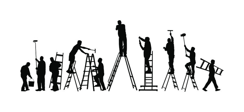 Painter workers on ladder vector silhouette isolated on white. Man decorator painting wall with paint brush roller. Crew renovation home. Handyman move in job. Washing window cleaning service action