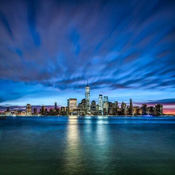 Manhattan skyline at dusk, New York City, USA