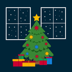 happy new year tree with gifts in  quarantine coronavirus time. Vector, flat illustration. 