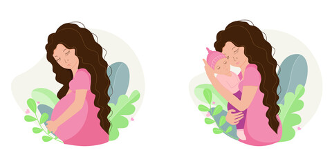 Beautiful woman pregnant and holding baby in her arms. Motherhood concept. Vector illustration.