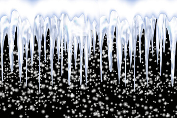 Set of snowy elements,icicles and caps on winter background. Winter seasonal decorations. Vector template in realistic style.