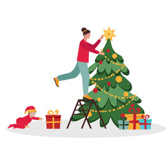 The woman is preparing for the new year. The girl decorates the Christmas tree while standing on the stairs.