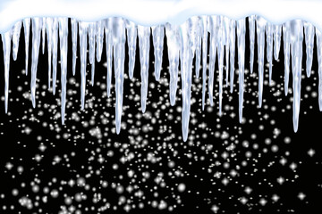 Set of snowy icicles and caps on winter background.