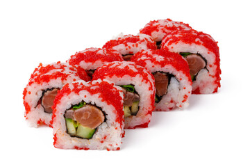 California sushi roll with red caviar isolated on white