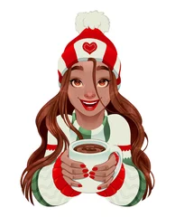 Foto op Plexiglas Kerstmeisje met warme chocolademelk in haar handen. Vector geïsoleerd karakter © ddraw