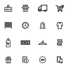 Set of Black Friday, Cyber Monday, big sale, mega sale related icons. Outline vectors isolated on white background, including: cart, clothes, signs EPS Vector
