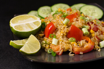 Asian khao pad kung fried rice with vegetables, meat, egg, fresh cucumbers and tomatoes