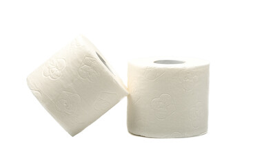 Two rolls of embossed toilet paper isolated on white background.
