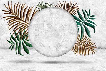 Background illustration of white marble with colored tropical leaves. Template for the message. Place for text.