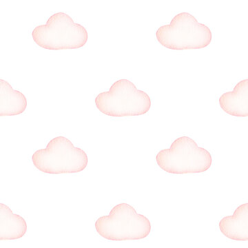 Watercolor Pink Clouds Sky Seamless Pattern. Pastel Cloud Background. Rainbow Kids Fabric. Perfect For Baby Shower Party Decor, Planner Cover, Scrapbook Paper And Other.