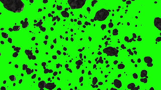 flying through asteroids on a green background. Space animation can be used for video editing or as a background or screen saver for presentations