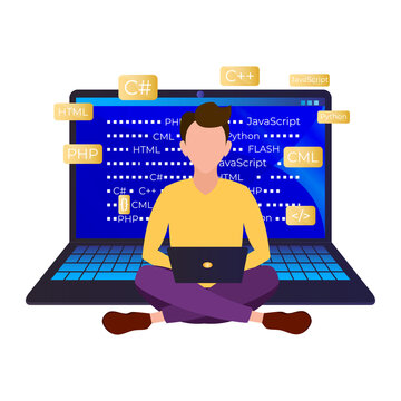 The work of a programmer. The man is coding the project on the screens with the program code.